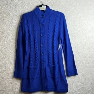 NWT LEA Apparel Womens Blue Cable Knit Button Cardigan Sweater Pockets M MEDIUM